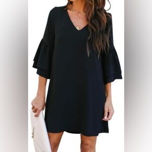 Belongsci Black V-Neck Bell Sleeve Shift Mini Dress Women’s Size Medium
